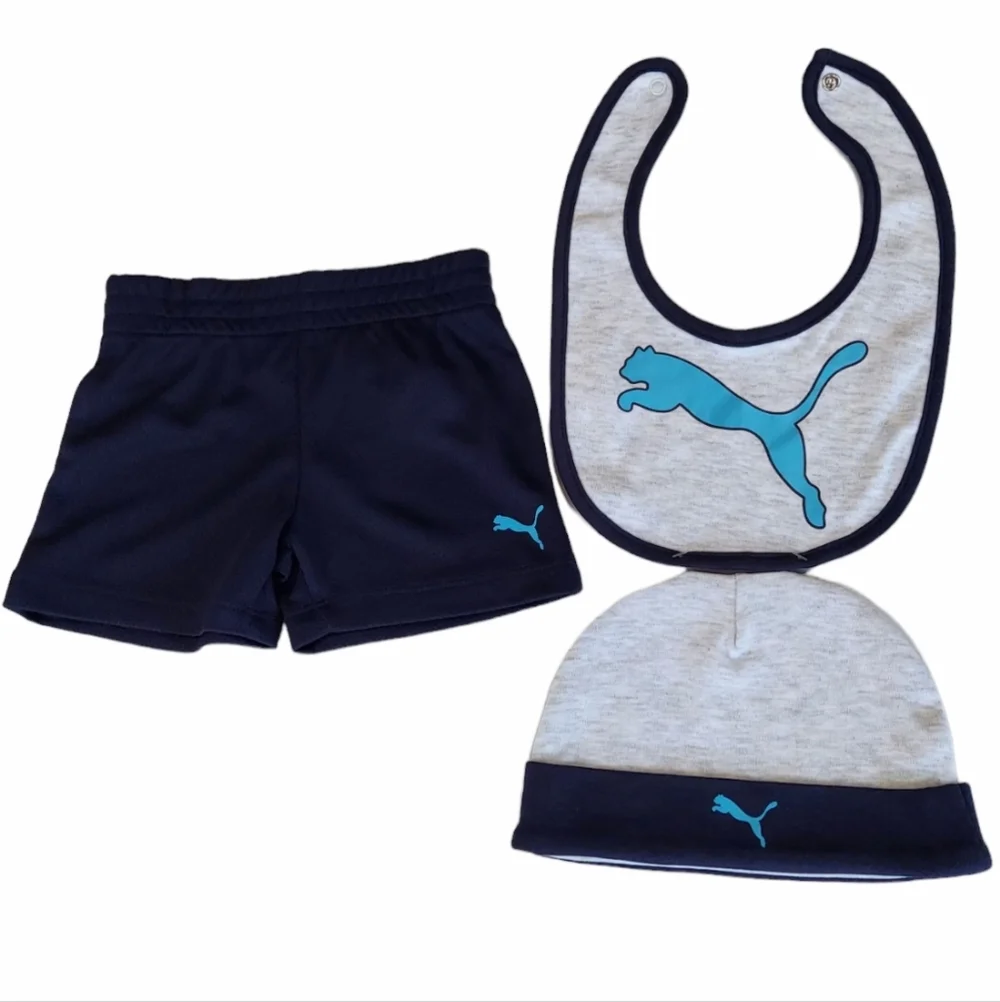Puma Baby Boys Bodysuit Short Sleeves 3-6 Months Shorts Beanie Bib 5-piece Set